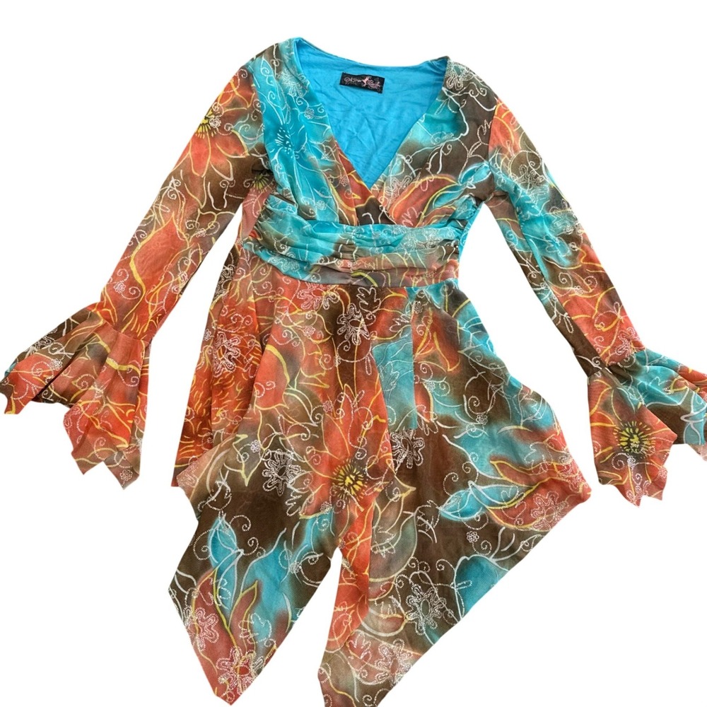 O'Hara Baila Paris Mesh Floral Top Turquoise Orange Glitter Bell Sleeve Y2K L